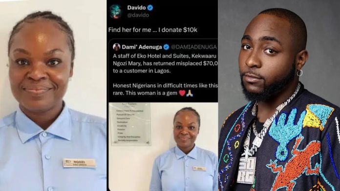 davido donates 10k 8.6m to hotel staff kekwaaru ngozi mary for returning misplaced 70k n60m to a customer